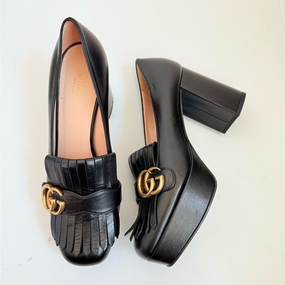 Gucci Black Leather Marmot GG Platform Platino Fringe Logo Block Heel pumps 39.5 - Picture 1 of 11